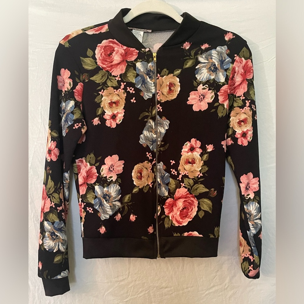 Black with Floral design women’s light-weight bomber jacket size medium